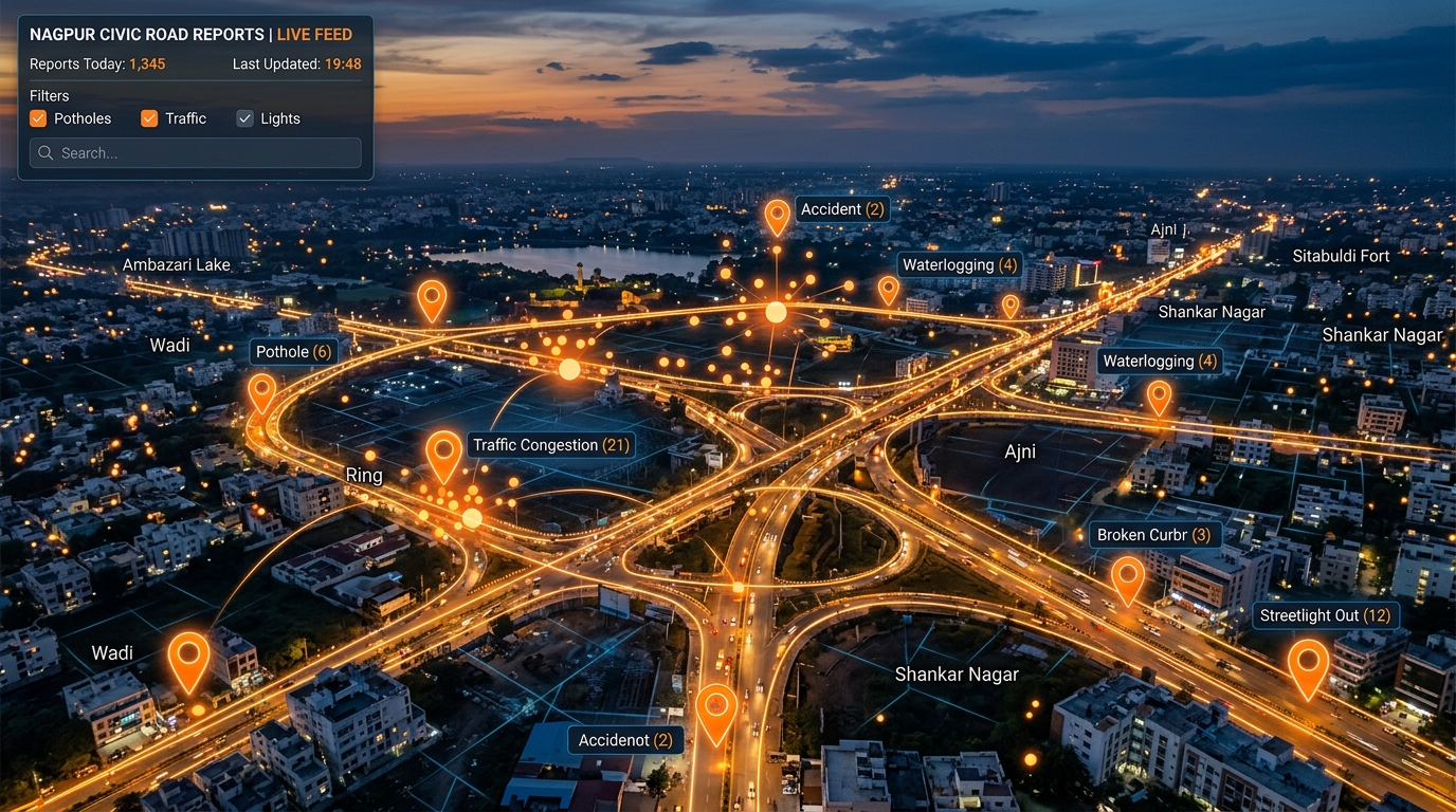 Nagpur city road network overlaid with orange report markers and clusters