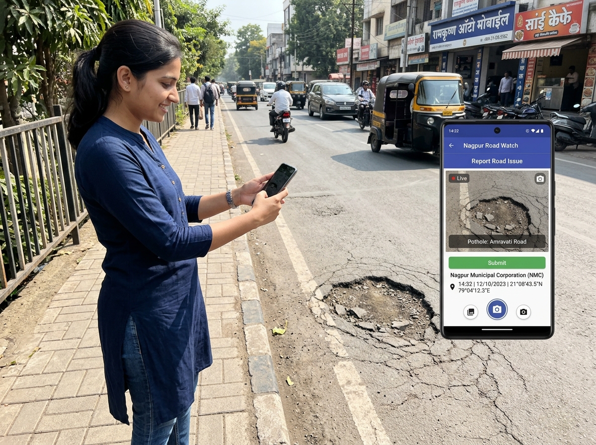 Citizen safely capturing road problem in Nagpur on smartphone